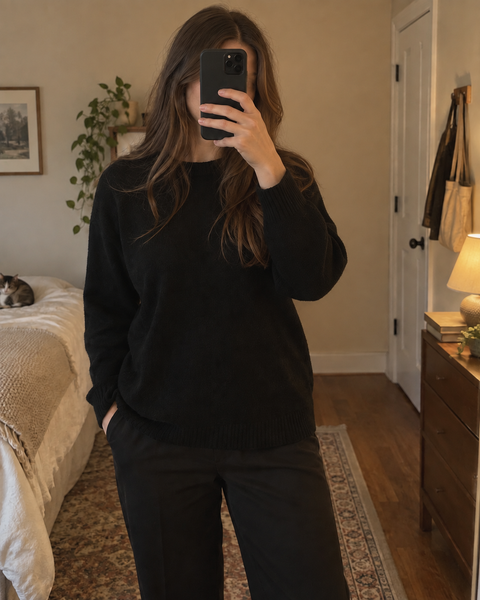 Fully clothed adult woman taking a mirror selfie at home, with her face covered by her phone